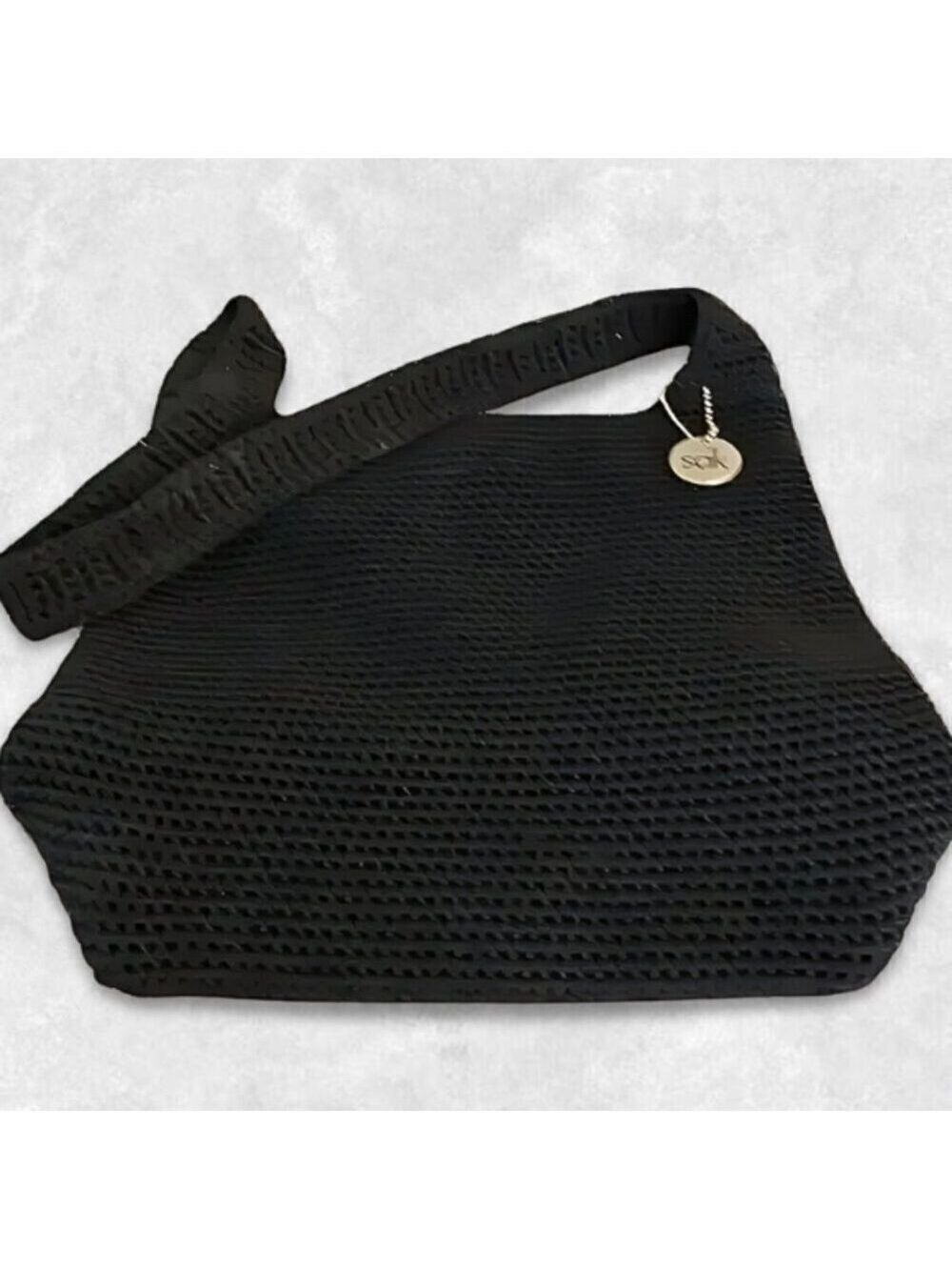 The Sak Shoulder Bag Crocheted Design Snap Closure Zipper Pocket Black Women's